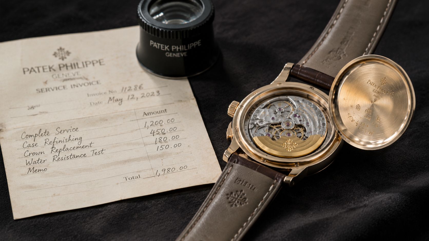 A Patek Philippe watch with an open back casing next to a detailed service invoice and loupe.