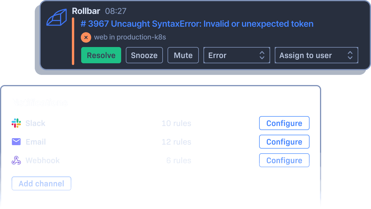 An example error notification in Slack, and related settings in Rollbar's UI.