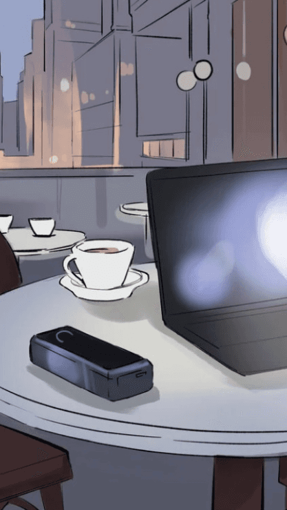 Comic-style sketches showing an Anker power bank flying through a city