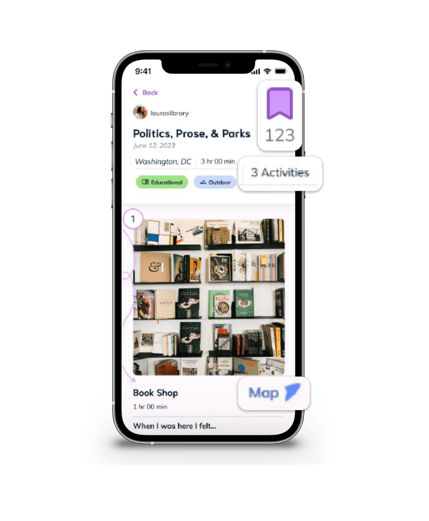Interface displaying a selected guide with options to view activities, save the guide, see save count, and view location on a map.
