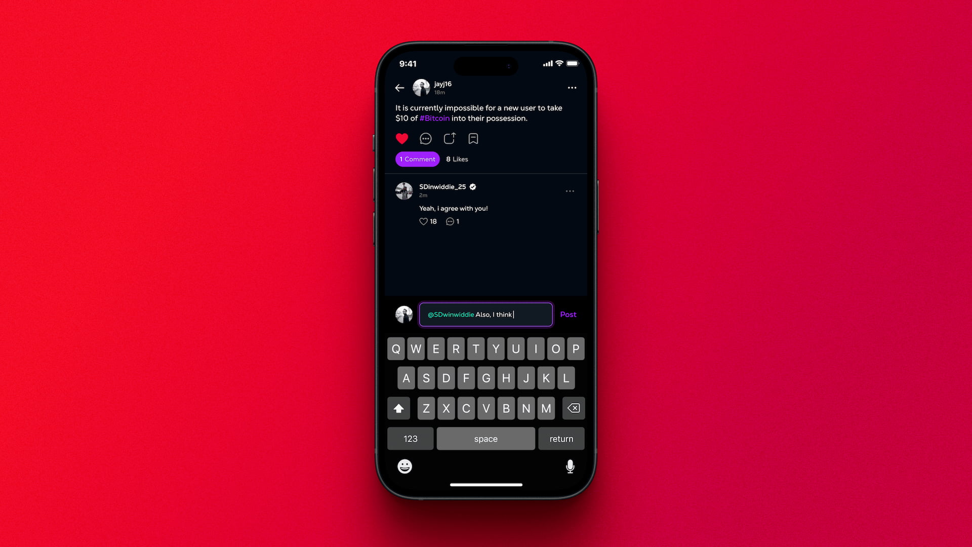 Threaded commenting and reply interface in the Calaxy mobile web app, illustrating real-time discussion, reactions, and keyboard interactions on a blockchain social network.