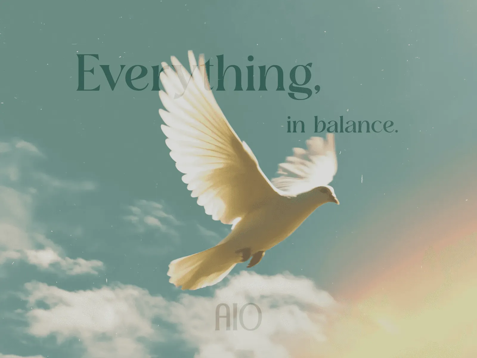A white dove soaring against a soft sky with clouds, accompanied by the text "Everything."