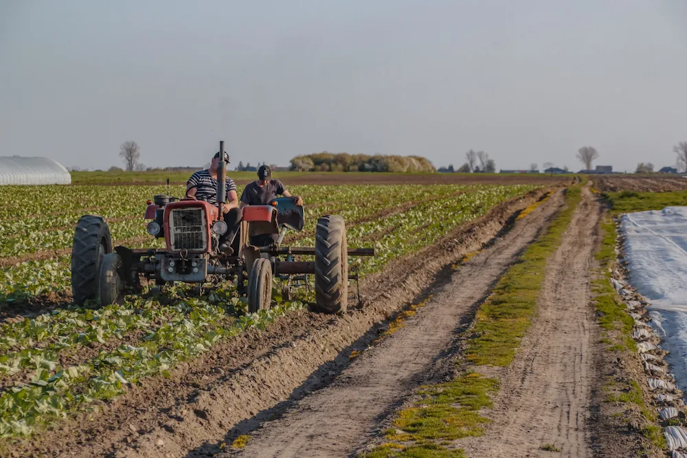 Tractor trabajando un campo agrícola entre colinas