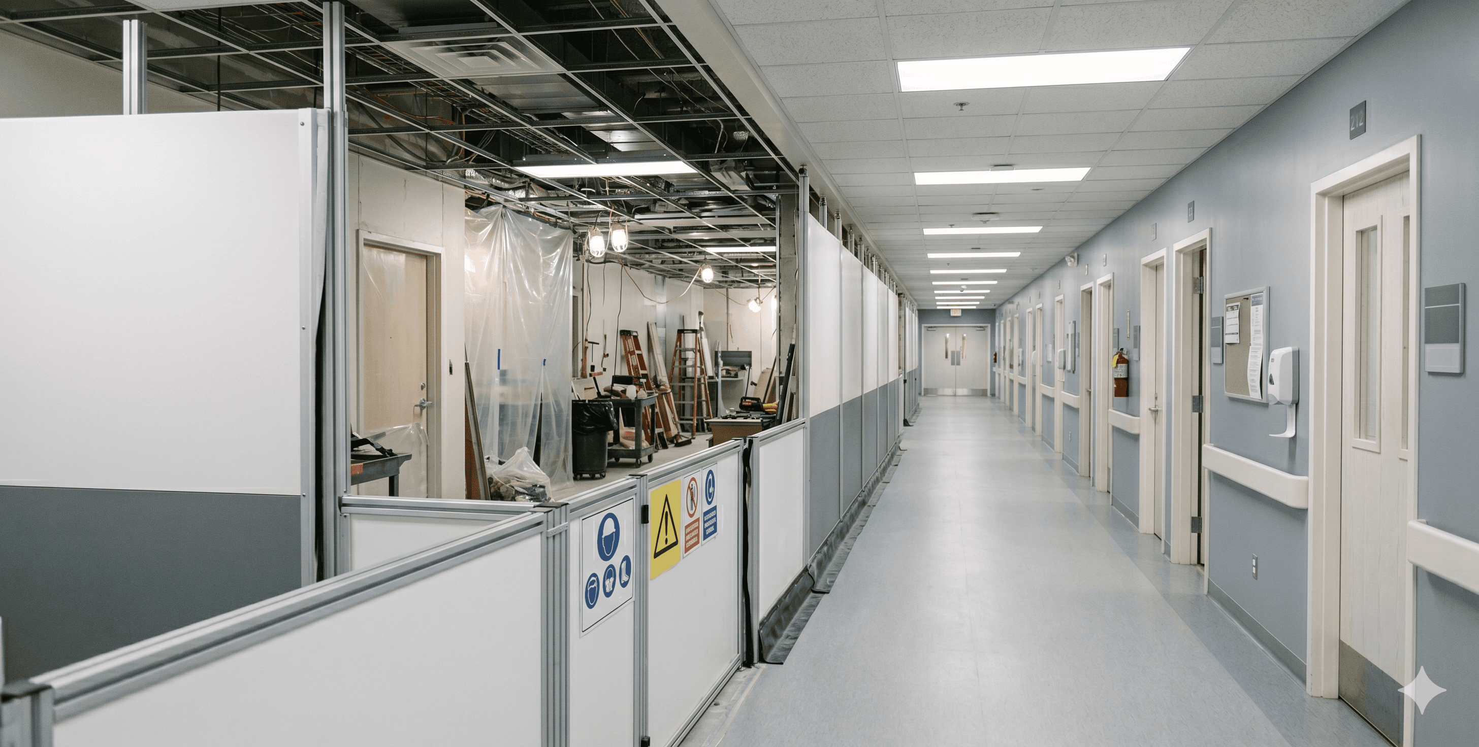 A healthcare facility hallway with temporary construction barriers dividing an active renovation zone from an operational clinical corridor.