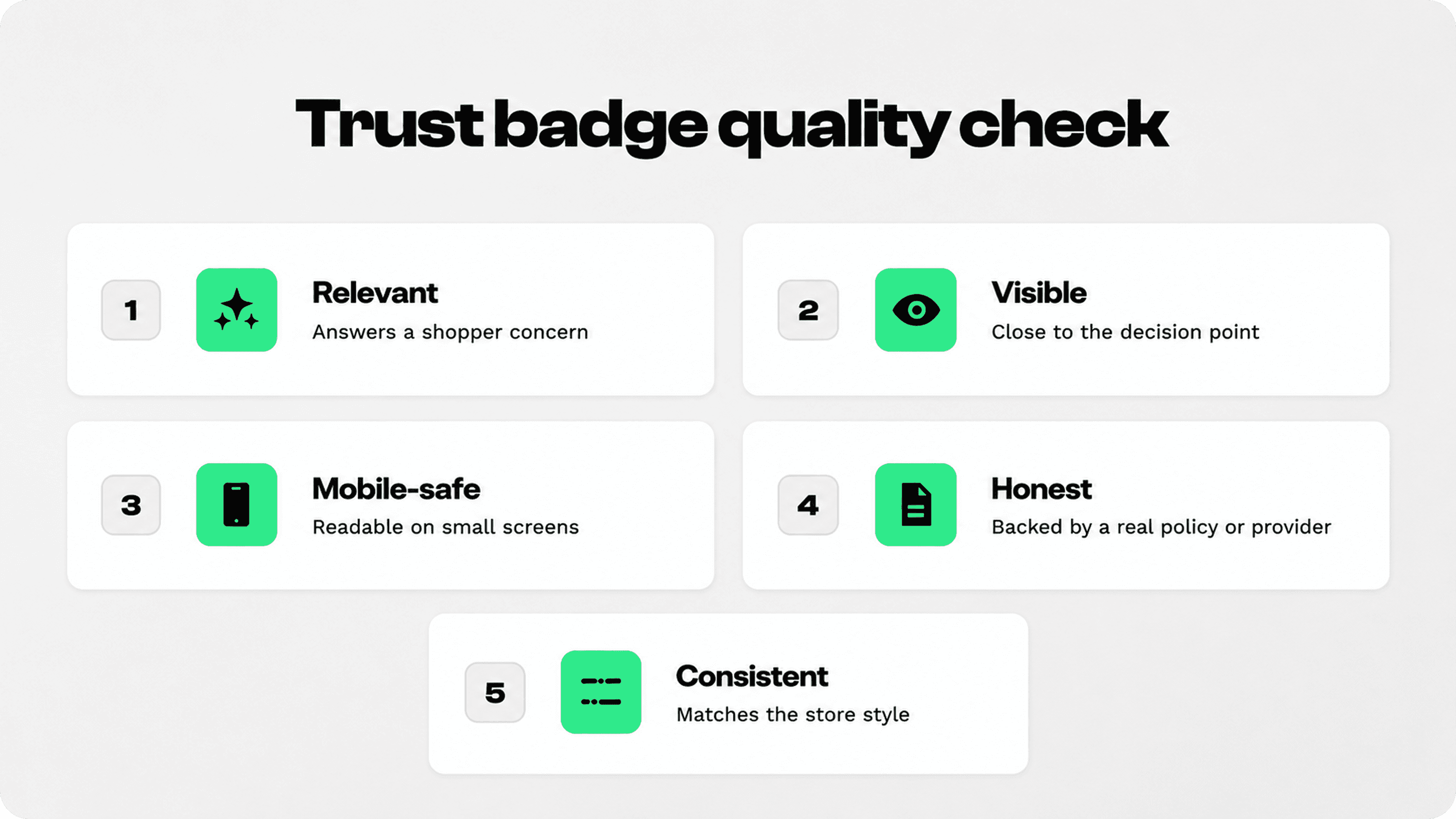 Trust badge quality checklist showing relevance, visibility, mobile readability, honesty, and visual consistency.