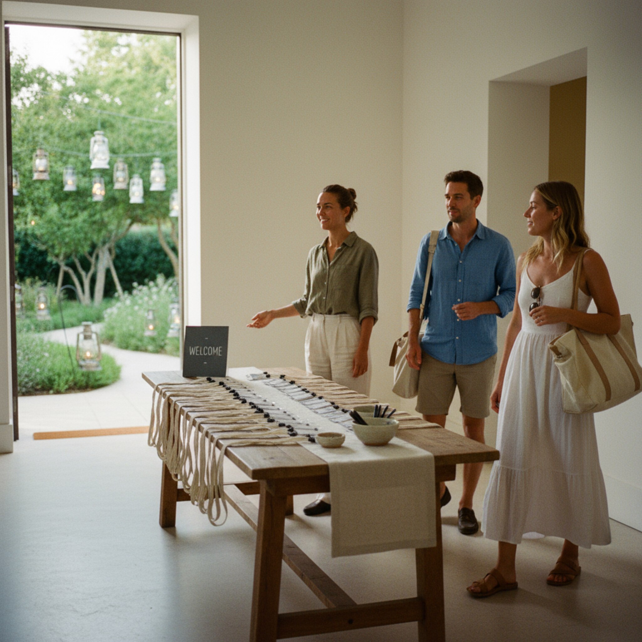Ein langer Tisch ist mit sauber sortierten Namensschildern und Baumwollbändern vorbereitet. Eine Mitarbeiterin heißt Ankommende willkommen und weist den Weg zu den Zimmern. Durch die offene Tür sieht man einen Garten mit Laternen. Die Atmosphäre ist entspannt, professionell und herzlich.