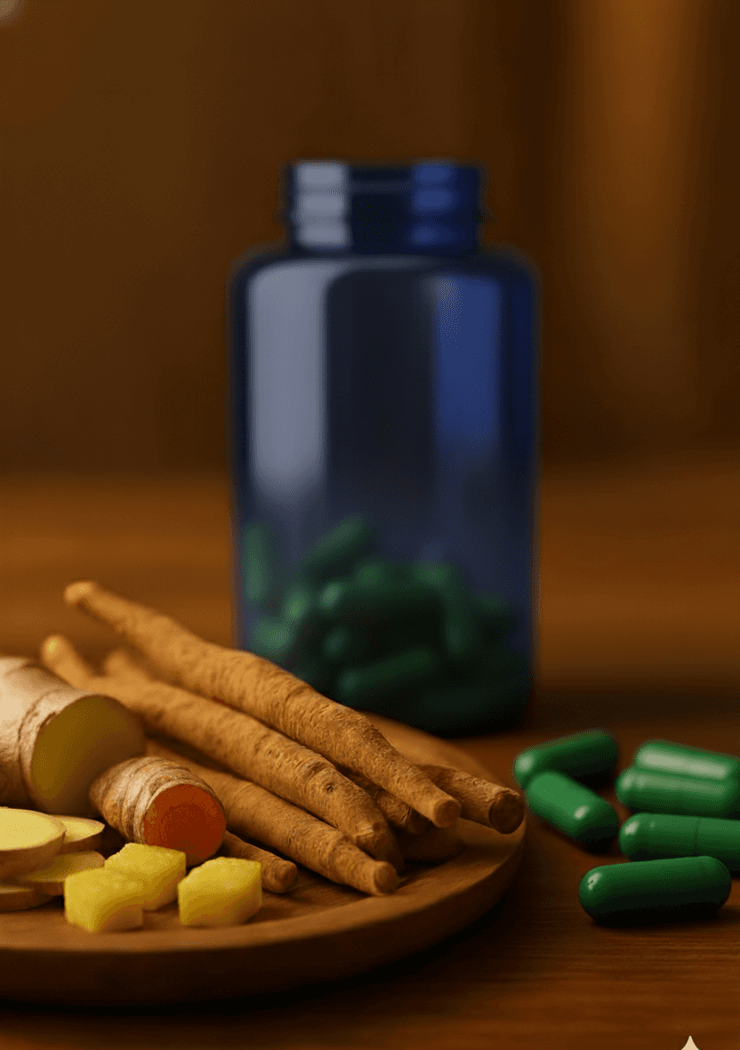 Image of Ashwagandha Roots with a Bottle in the Background