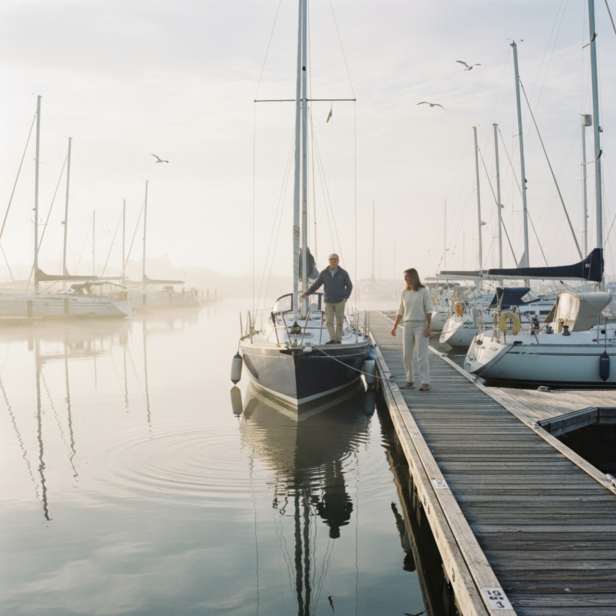 Frühes Morgenlicht liegt auf einer stillen Marina, Masten zeichnen feine Linien in den Himmel. Ein Segler legt sanft am Holsteg an, Fender berühren leise die Planken. Ein Vereinskamerad reicht die Leine, Möwen kreisen ruhig. Das Wasser spiegelt die Stegnummern, die Szene wirkt geordnet und einladend.