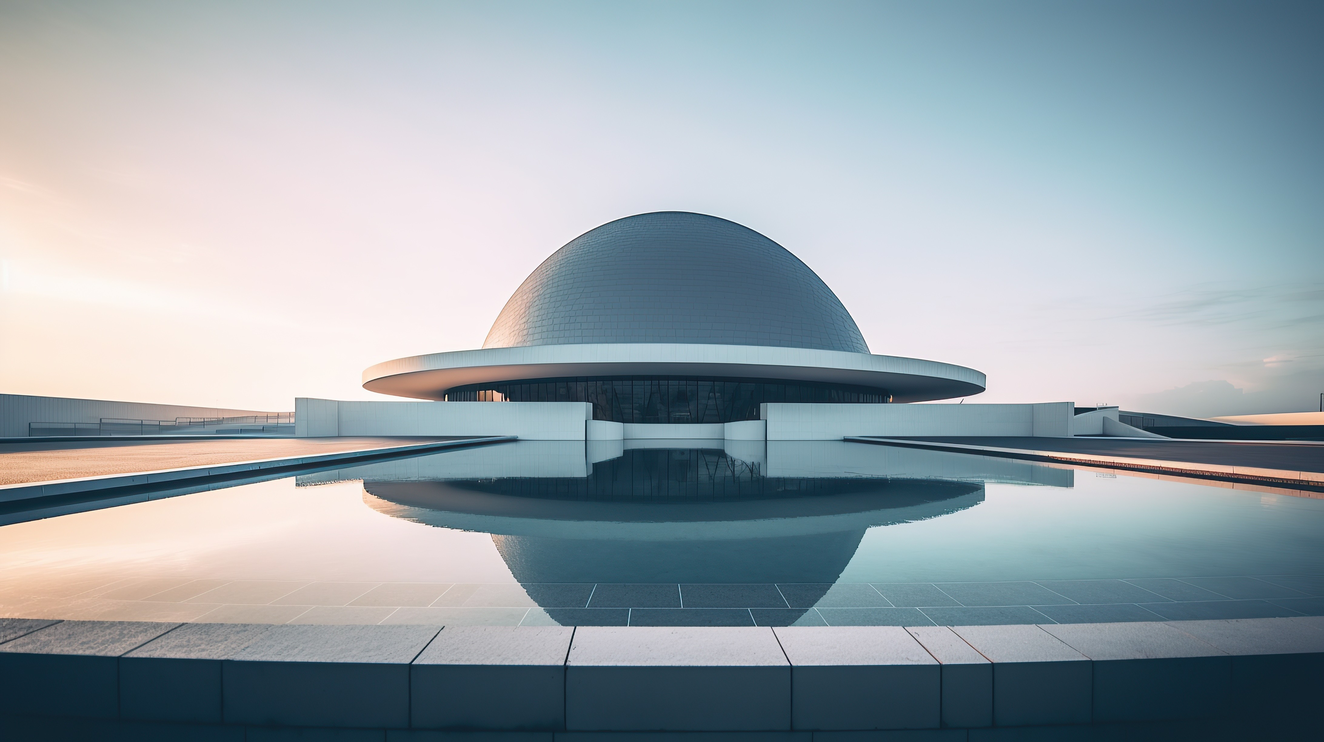 Modern dome structure with a minimalist design and reflecting water in front.
