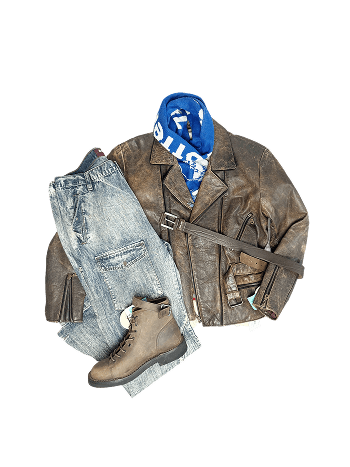 Outfit: jeans, leather jacket, scarf, belt, & boot.