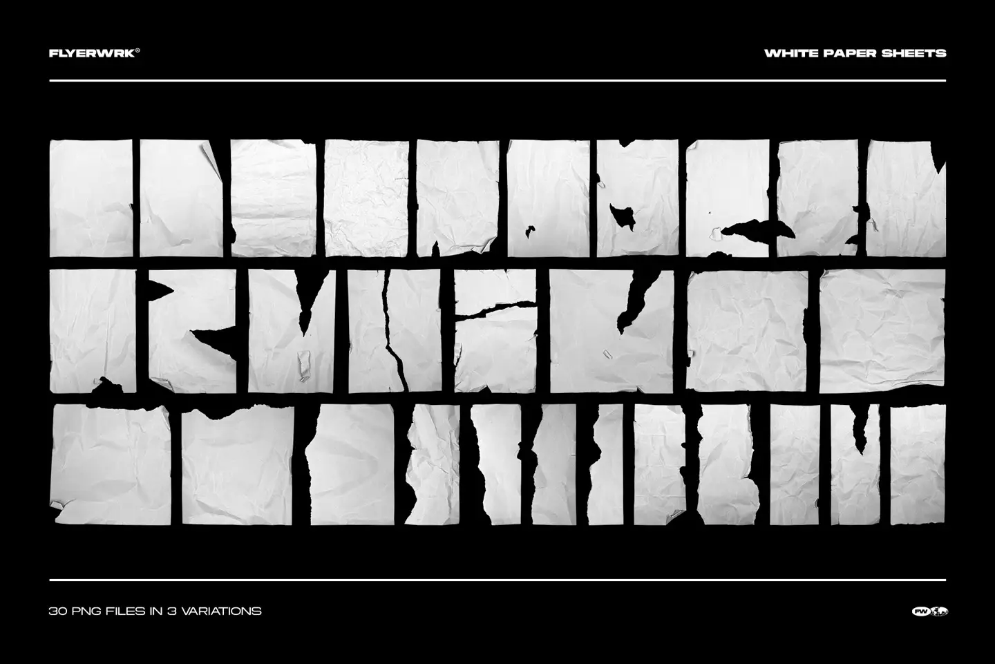 Full pack of thirty white crumpled paper sheets in high resolution transparent PNG format