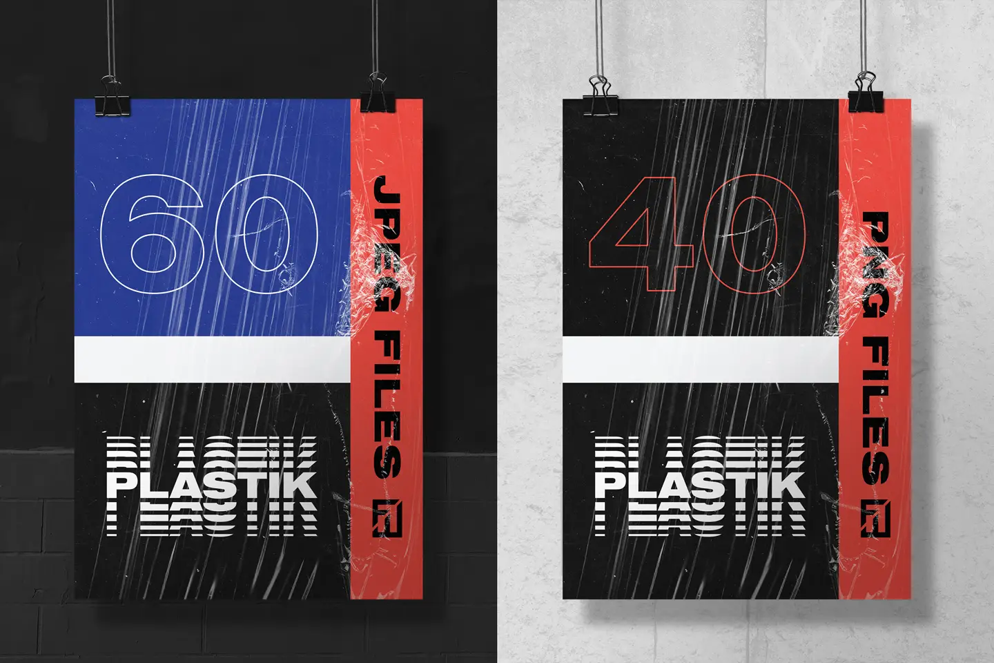 Vertical poster display featuring plastic wrap textures with high resolution wrinkled film and realistic light reflections