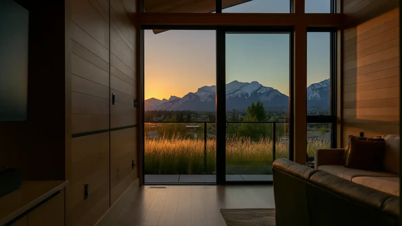 Concept design of a living room in a modern home, looking out through large windows to the mountains at sunset