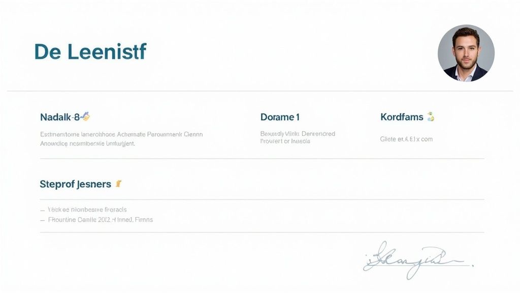 Ein stilvoller Lebenslauf mit einem professionellen Profilbild, Name „De Leenistf“ und verschiedenen Abschnitten.