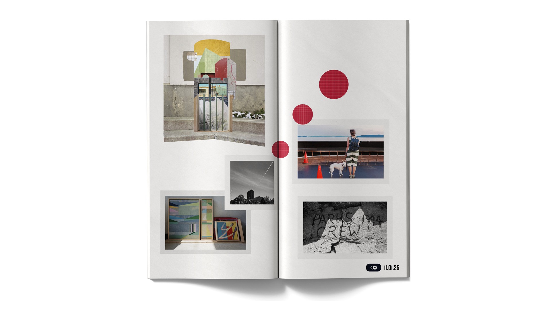 A spread of magazine pages featuring various images and design elements, including photographs and graphic elements.