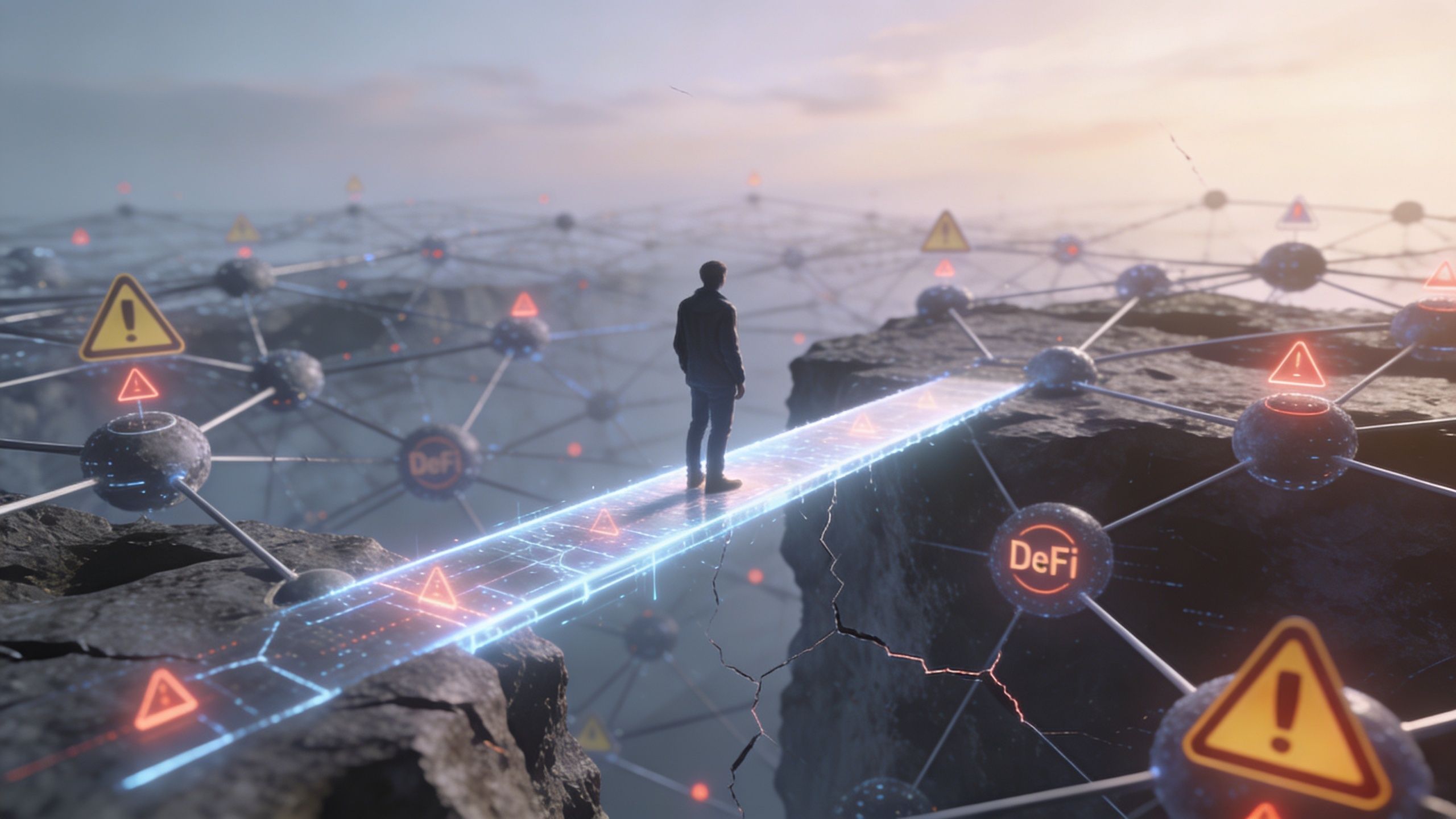 A person standing on a glowing digital bridge connecting rocky cliffs amidst a network of DeFi nodes.