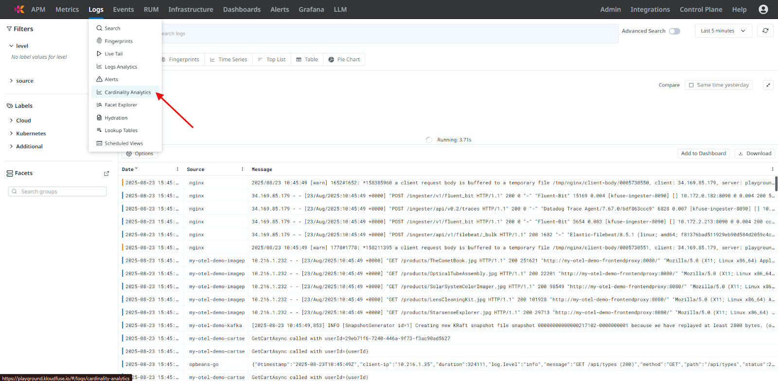 Log cardinality analysis highlighting high-cardinality fields and labels
