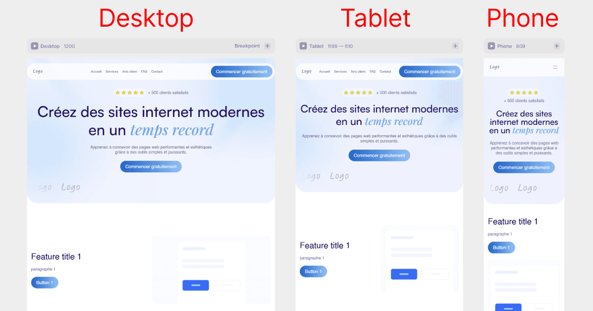 Test du responsive Framer sur desktop tablette et mobile