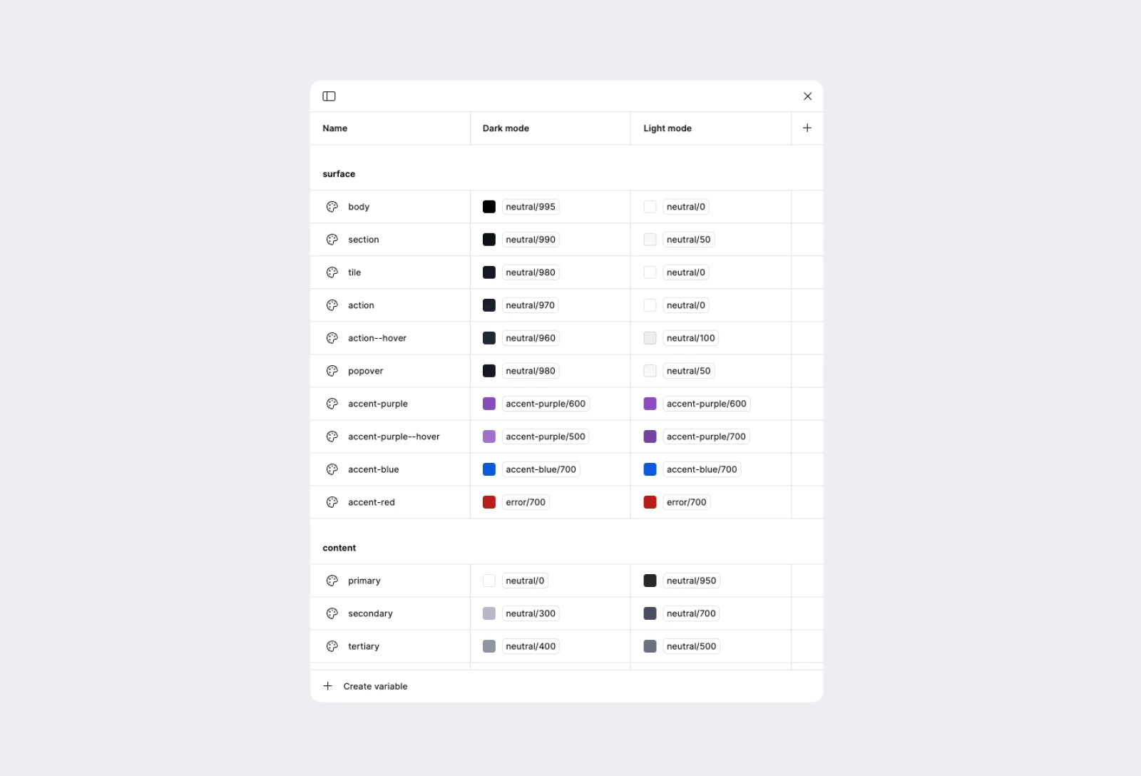 A screenshot containing variable modal with a list of alias tokens with dark and light modes assigned.