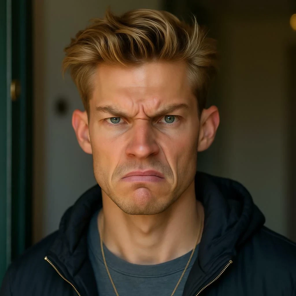 Face expression changer makes a boy’s face show an angry look.