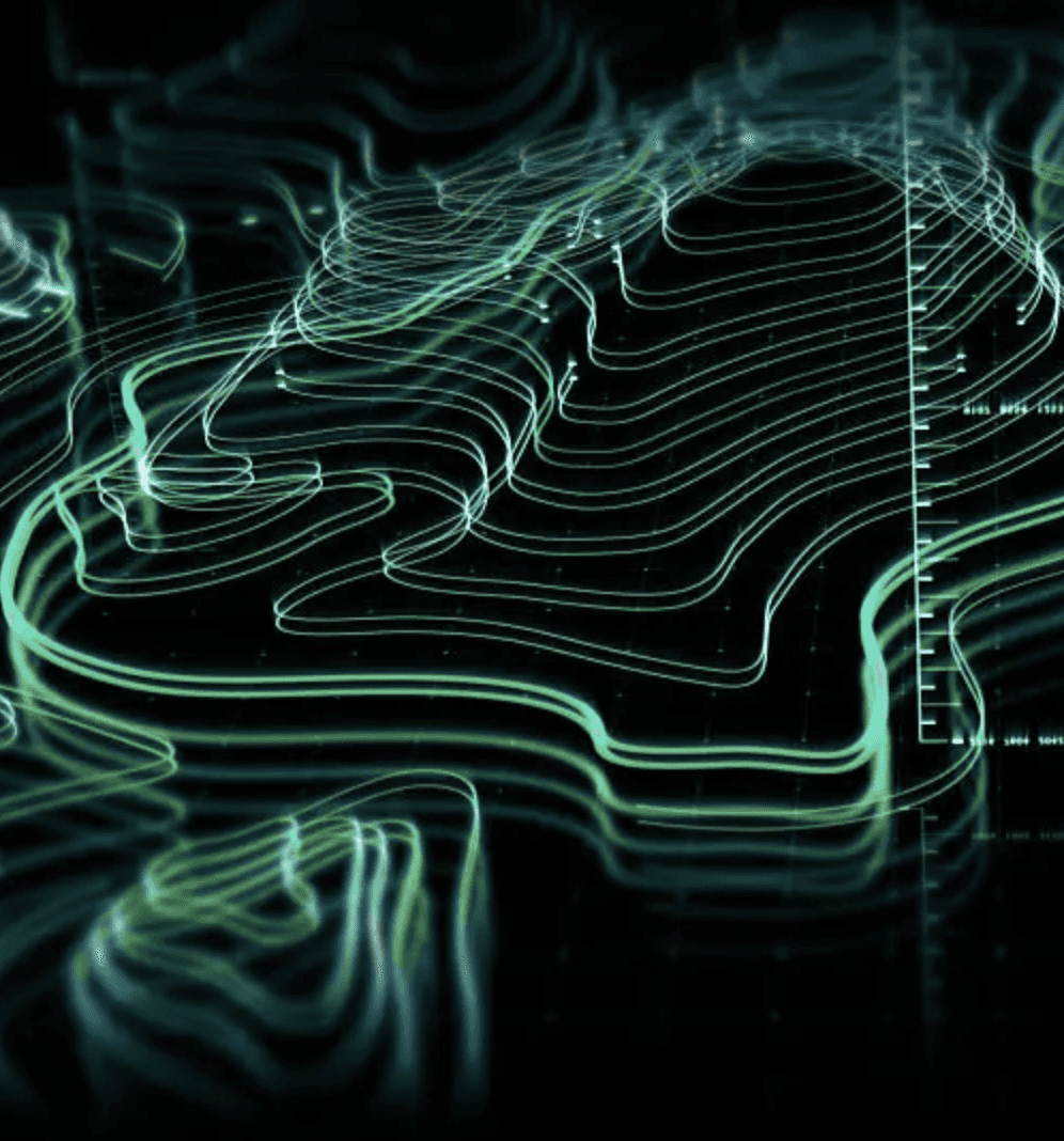 Swirling abstract patterns in shades of green, orange, and black, creating a fluid, dynamic aesthetic.