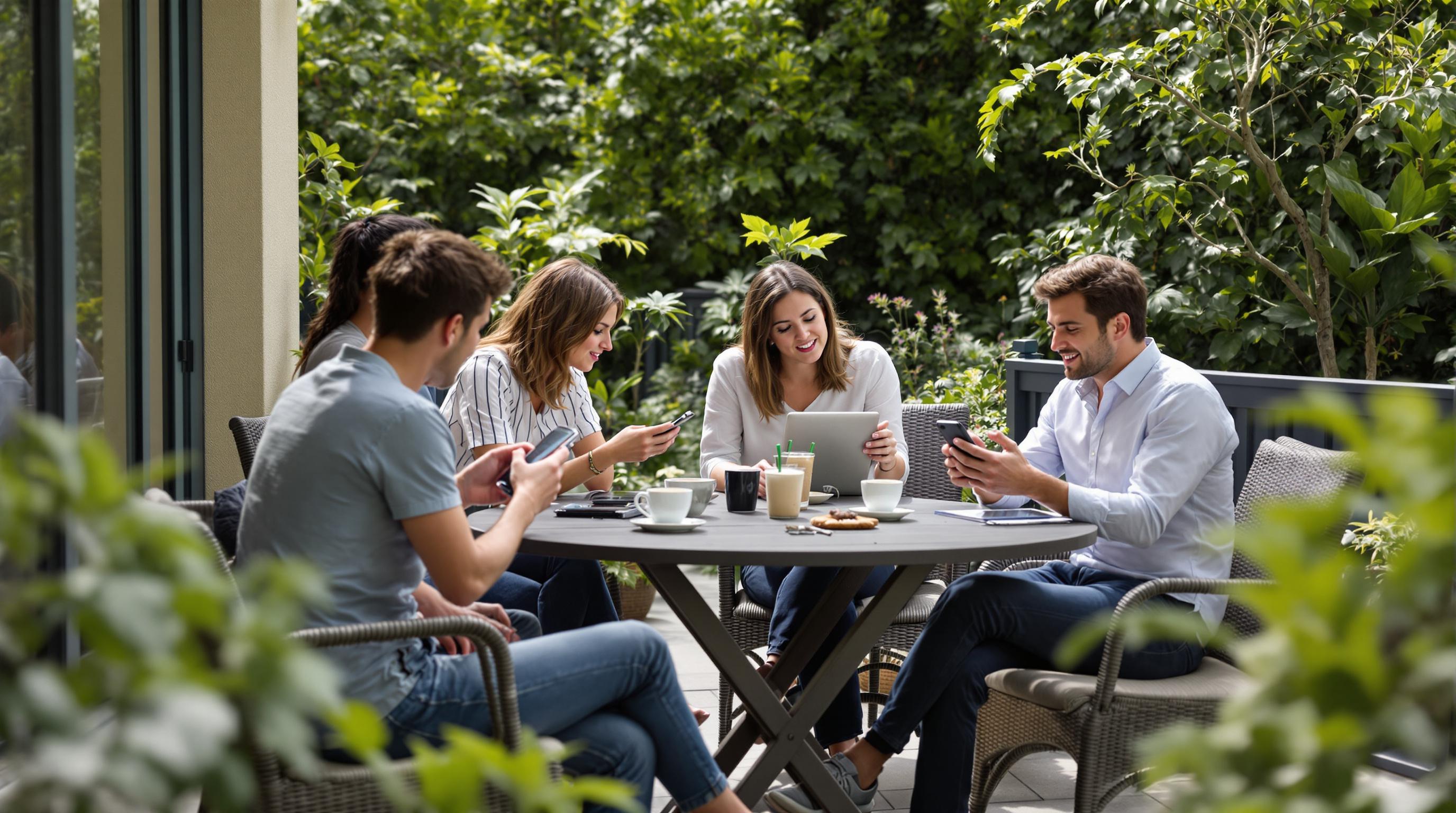 Group of friends seating on a terrace, browsing on their phones.