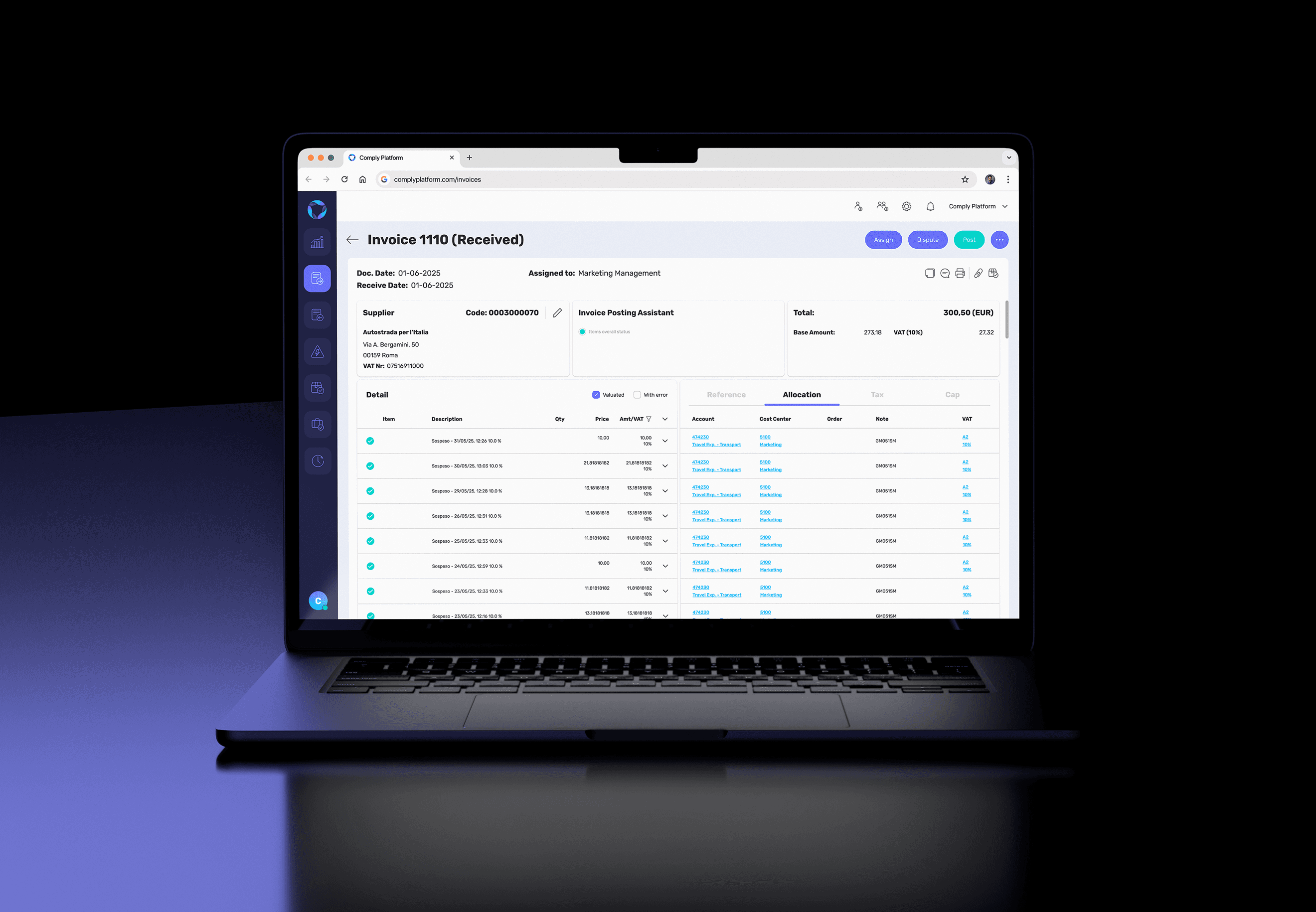 Mockup of Comply web app e-invoice detail