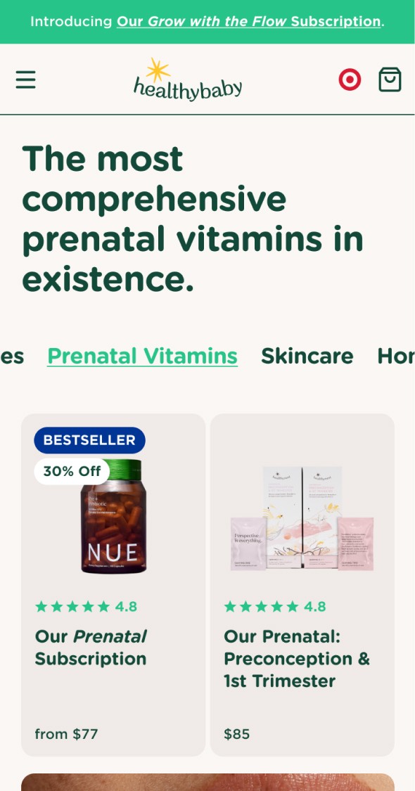 Mobile homepage section showcasing sustainable baby product collections