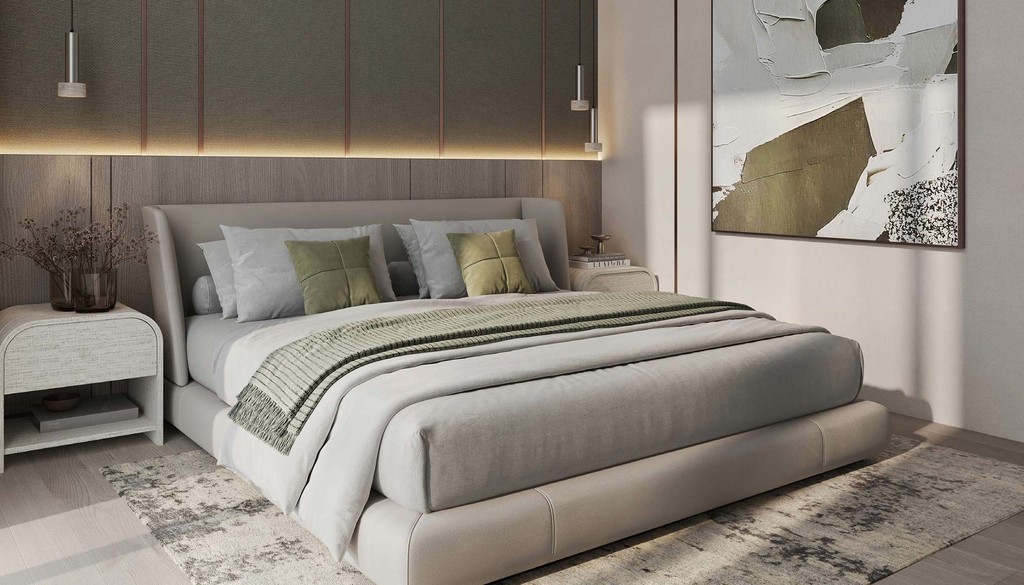 Contemporary bedroom with a bed, matching nightstands, and a decorative rug, part of the Cove Edition 6 collection.