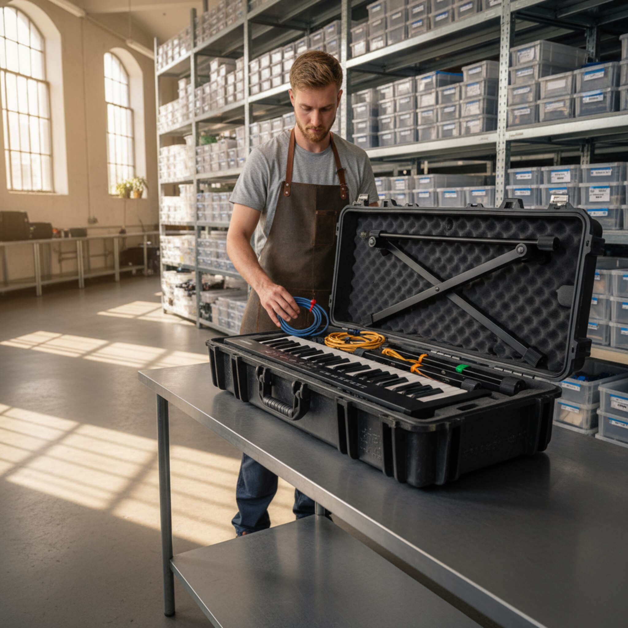 In einem hohen Regalraum werden ein Keyboard, Stative und Kabel zu einem Paket zusammengestellt. Ein Mitarbeiter legt das letzte Teil in einen offenen Koffer, während Sonnenlicht Streifen auf den Boden zeichnet. Alles wirkt geordnet und bereit, als würde ein vollständiges Set gleich abgeholt.