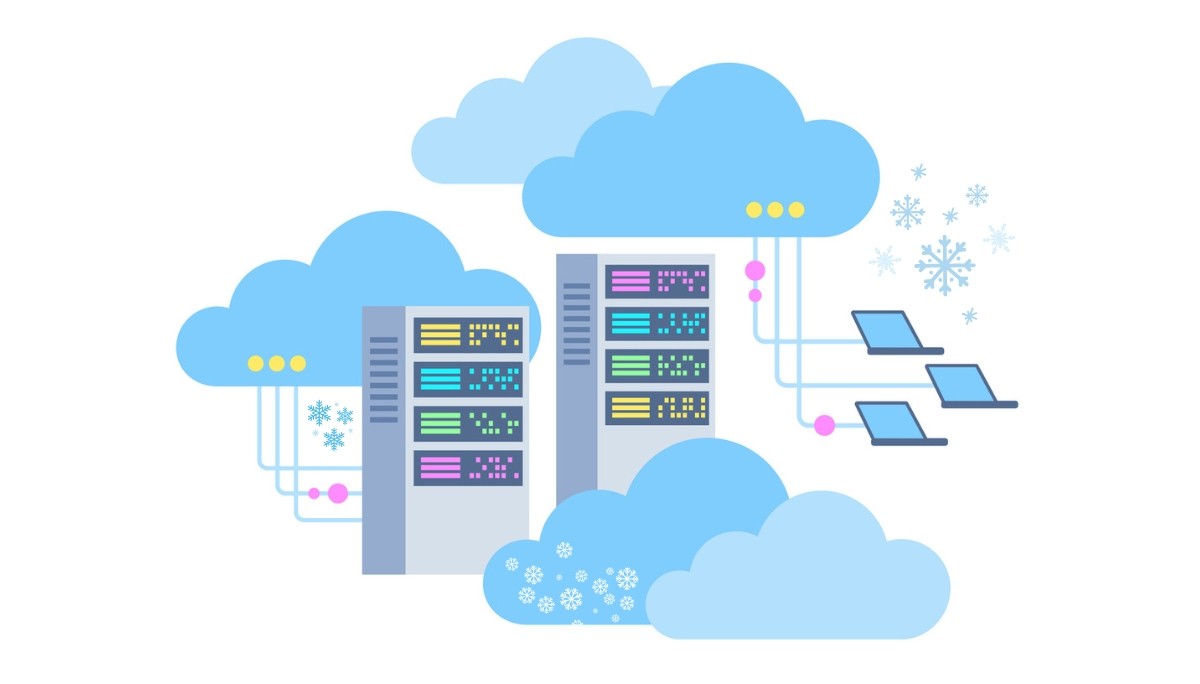 Illustration of cloud computing infrastructure with servers, laptops, and snowflake icons.