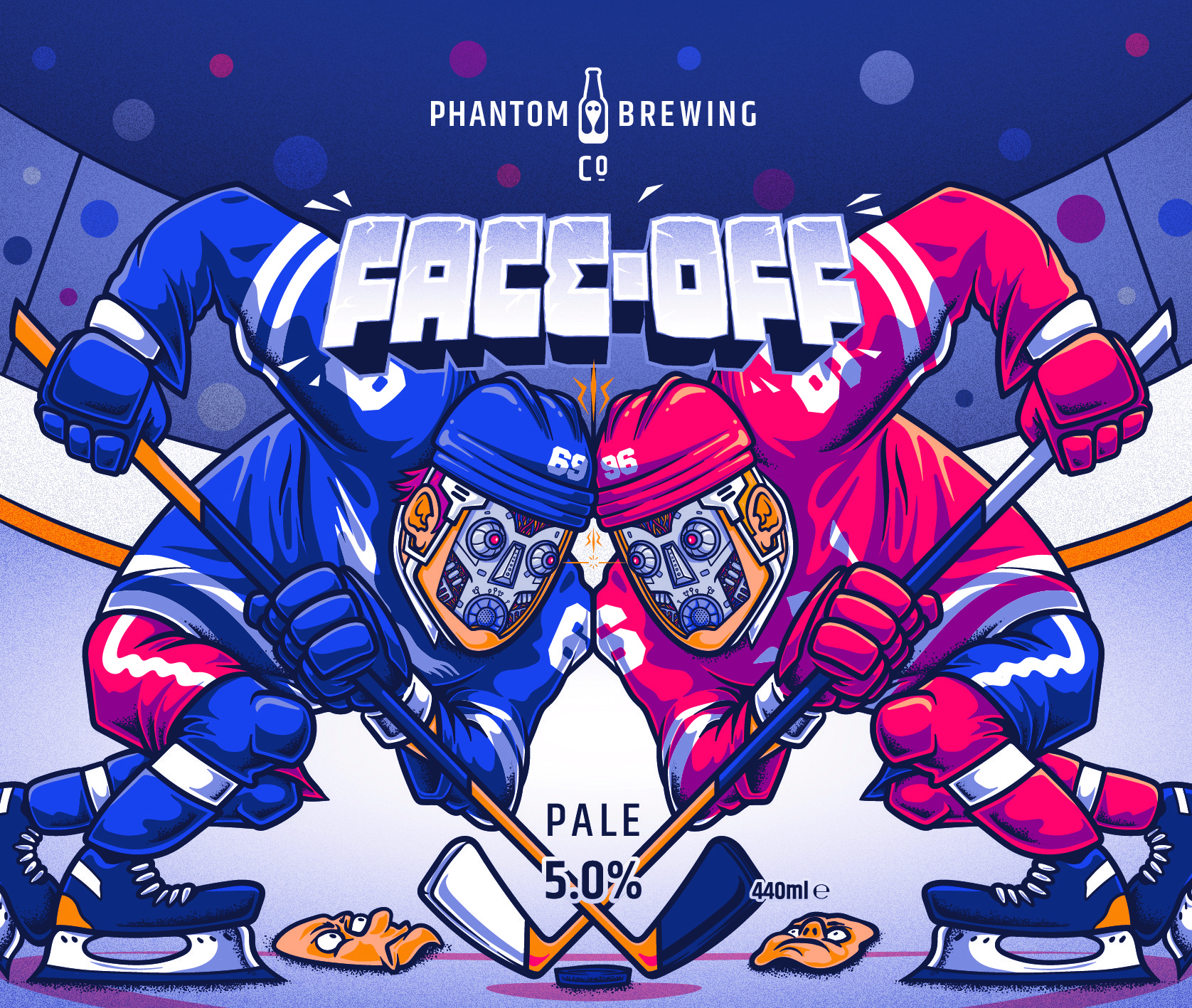 Phantom Brewing Packaging illustration showing hockey players with strange masks and the title 'Face Off'