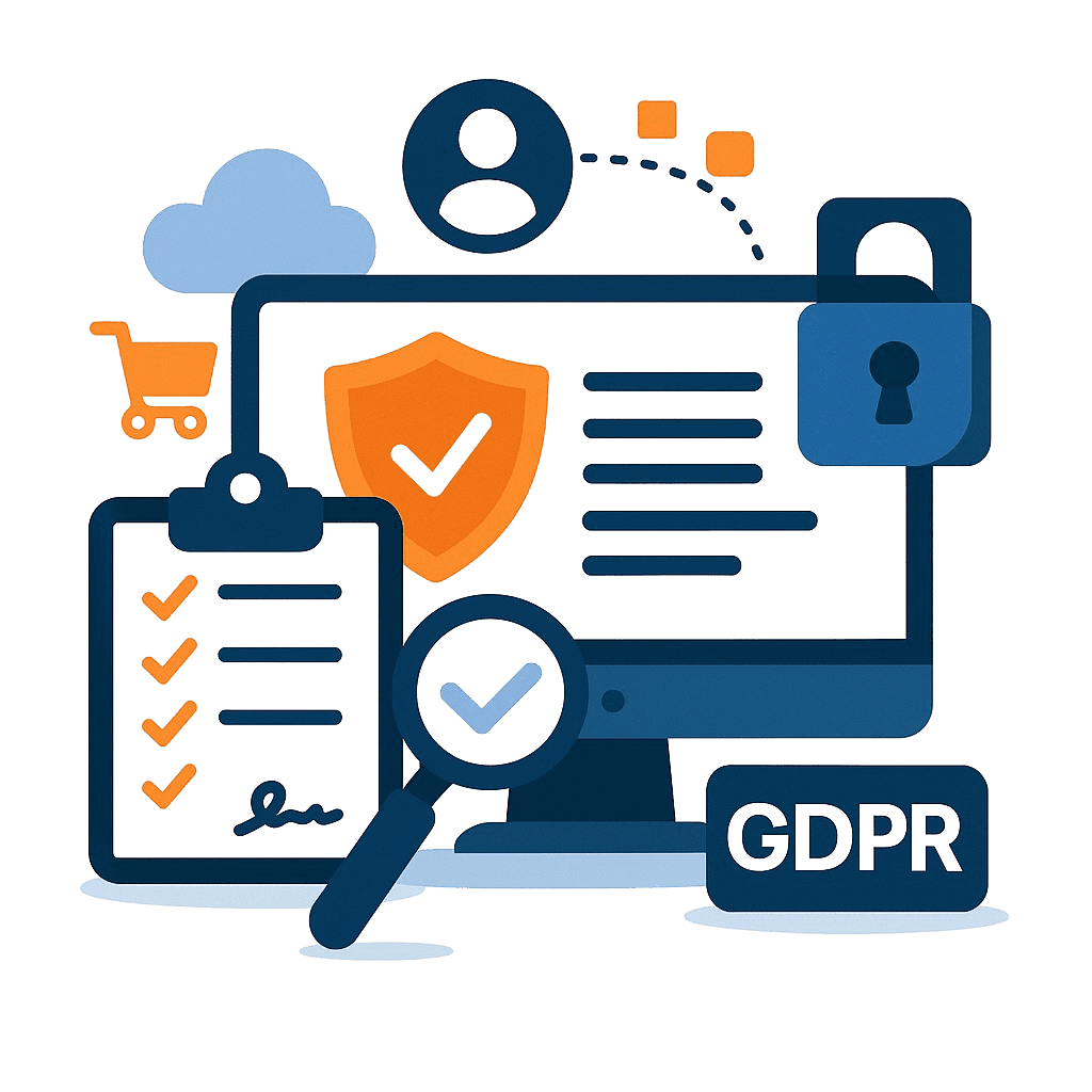 Flat-style illustration representing ecommerce legal compliance, featuring a computer with a shield icon, a GDPR badge, a checklist clipboard, a magnifying glass, a padlock, and data protection symbols to visualize GDPR audits and regulatory reviews.