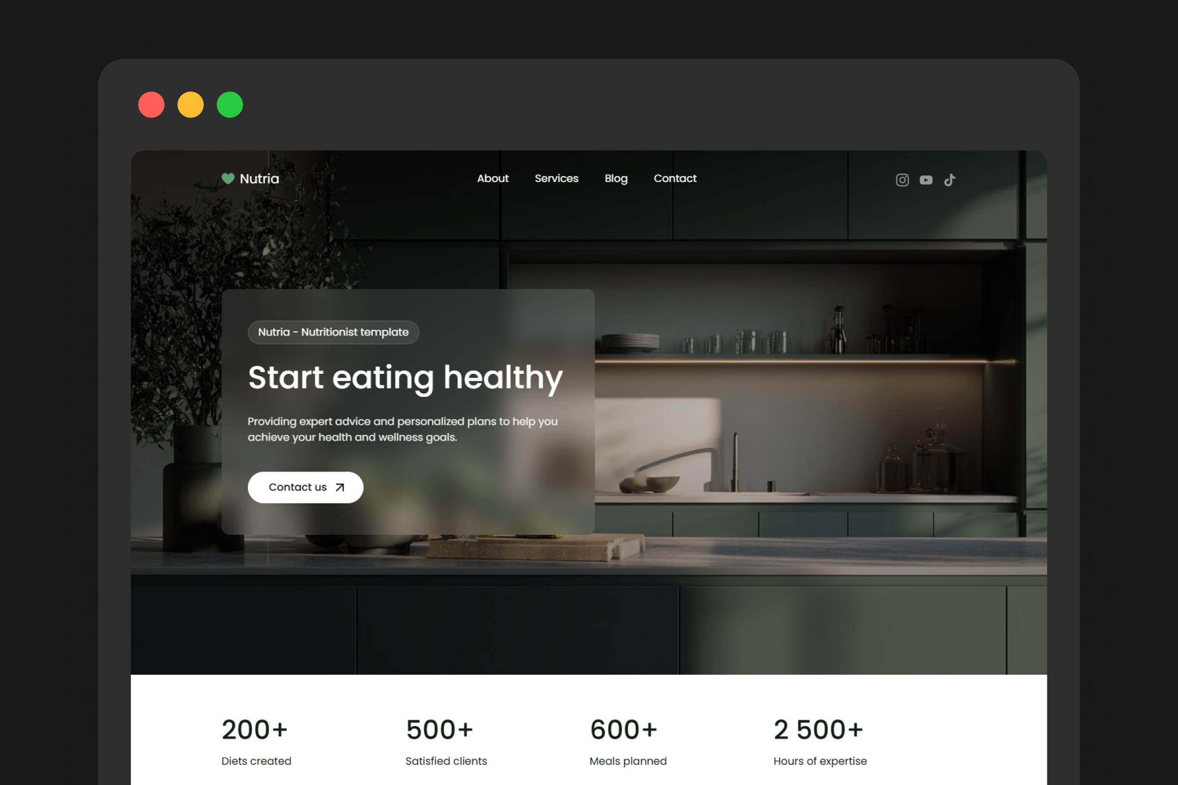 Nutria Framer template hero section — dark kitchen background, "Start eating healthy" headline, stats row with client numbers, minimal dark design