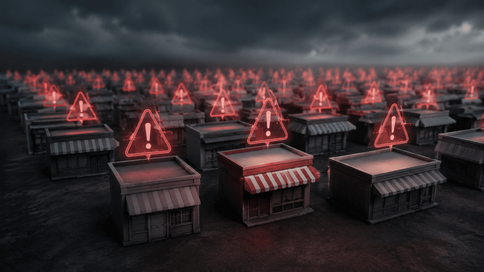 Ilustração 3D realista mostrando dezenas de pequenas empresas organizadas em uma grande área comercial, sob um céu escuro e carregado. Acima de cada estabelecimento há símbolos luminosos de alerta em vermelho, indicando risco financeiro. No centro da cena, uma empresa se destaca entre as demais, cercada pelos mesmos sinais de alerta, sugerindo incerteza sobre quais negócios enfrentarão dificuldades no futuro. Ambiente sem pessoas, com atmosfera corporativa, econômica e de gestão de risco de crédito.