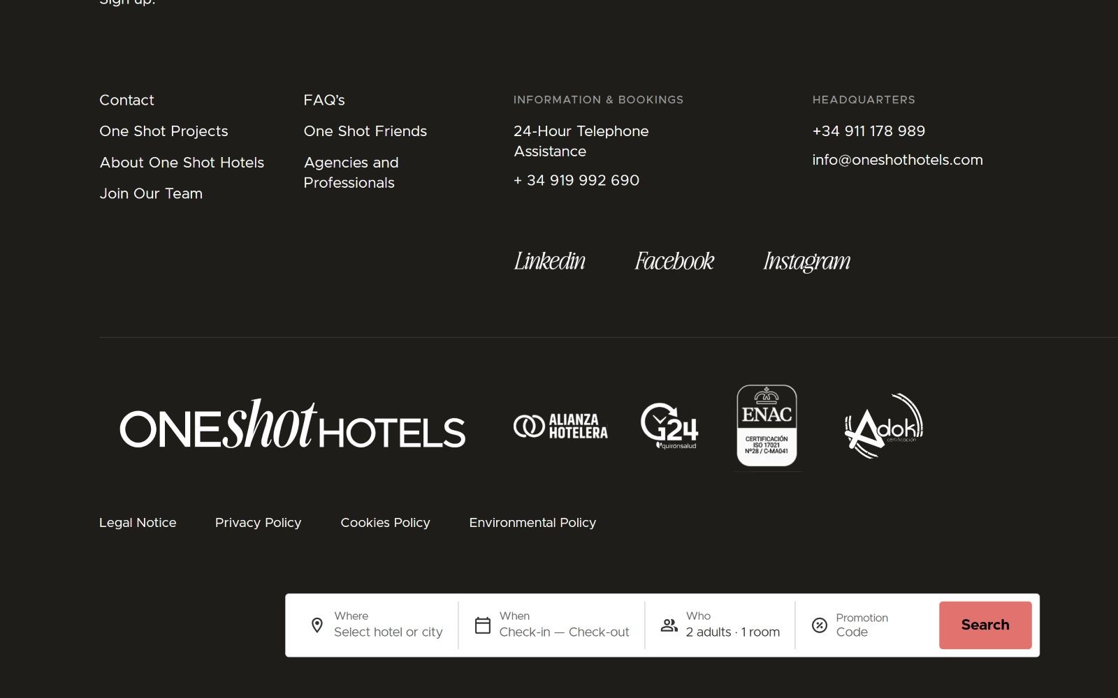 Footer section with contact info, social media links, and booking options. Features "ONEShotHOTELS" logo and search button.
