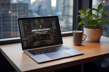 Mockup du site web de Léni affichant un appel découverte avec l’inscription Parlons de votre projet, visible sur un ordinateur portable posé près d’une plante et d’une tasse.