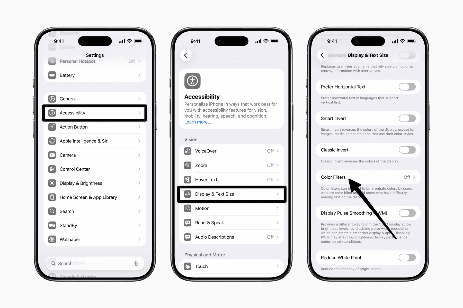 3 iPhones displaying navigation in settings for Color Filters