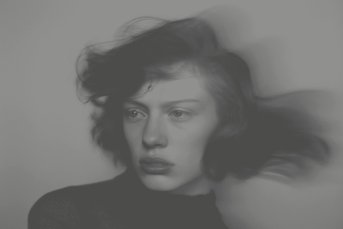 A greyscale image of a young lady in confusion, hair in disarray and face shocked