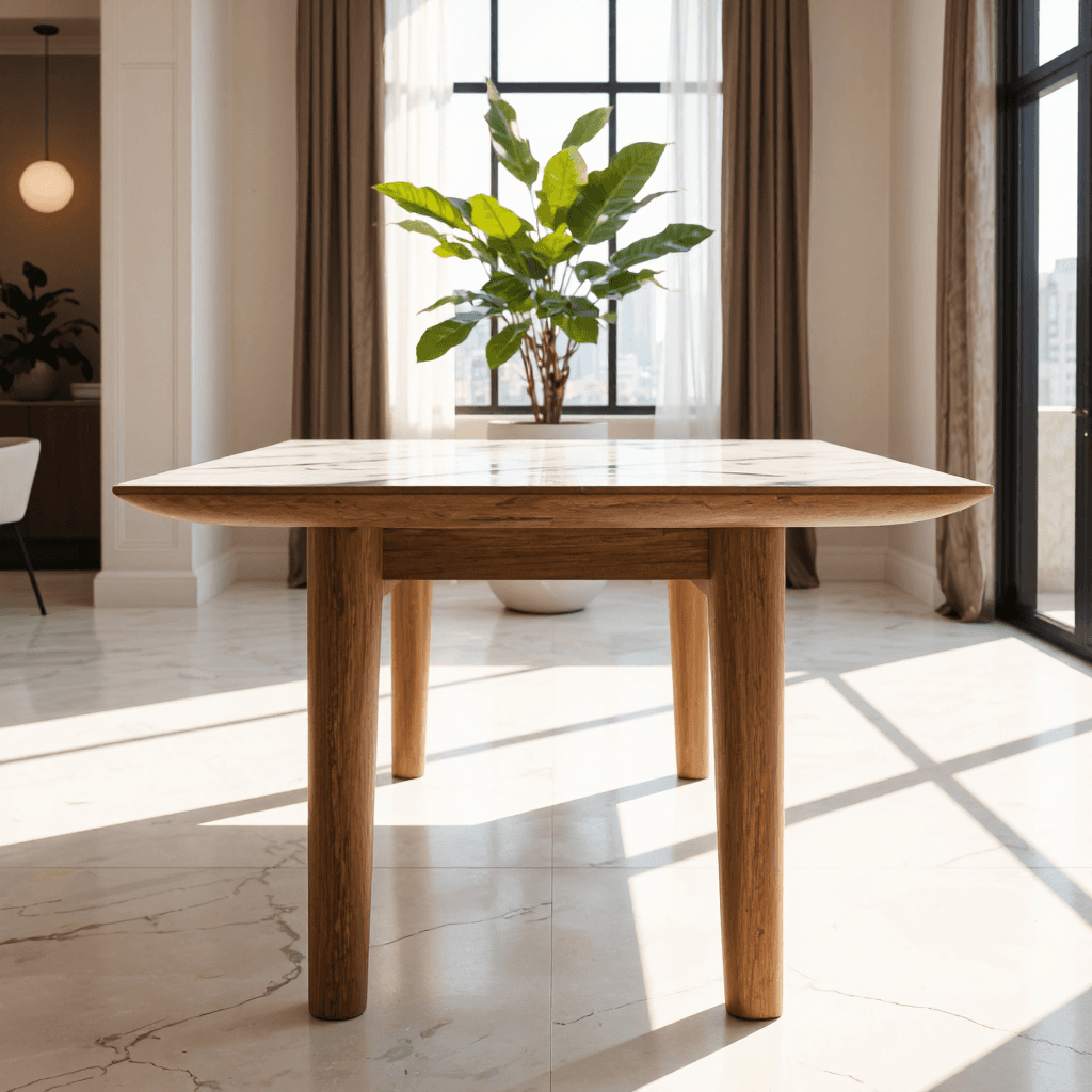 product photography of wooden dining table with a marble top