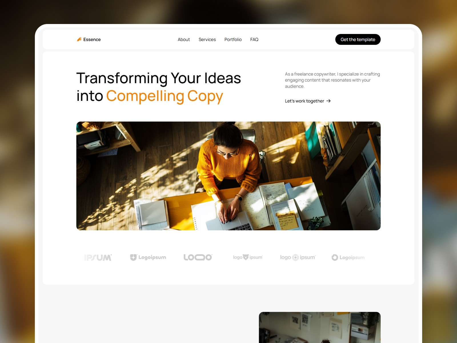 Essence Framer template homepage hero reading "Transforming Your Ideas into Compelling Copy" on orange background