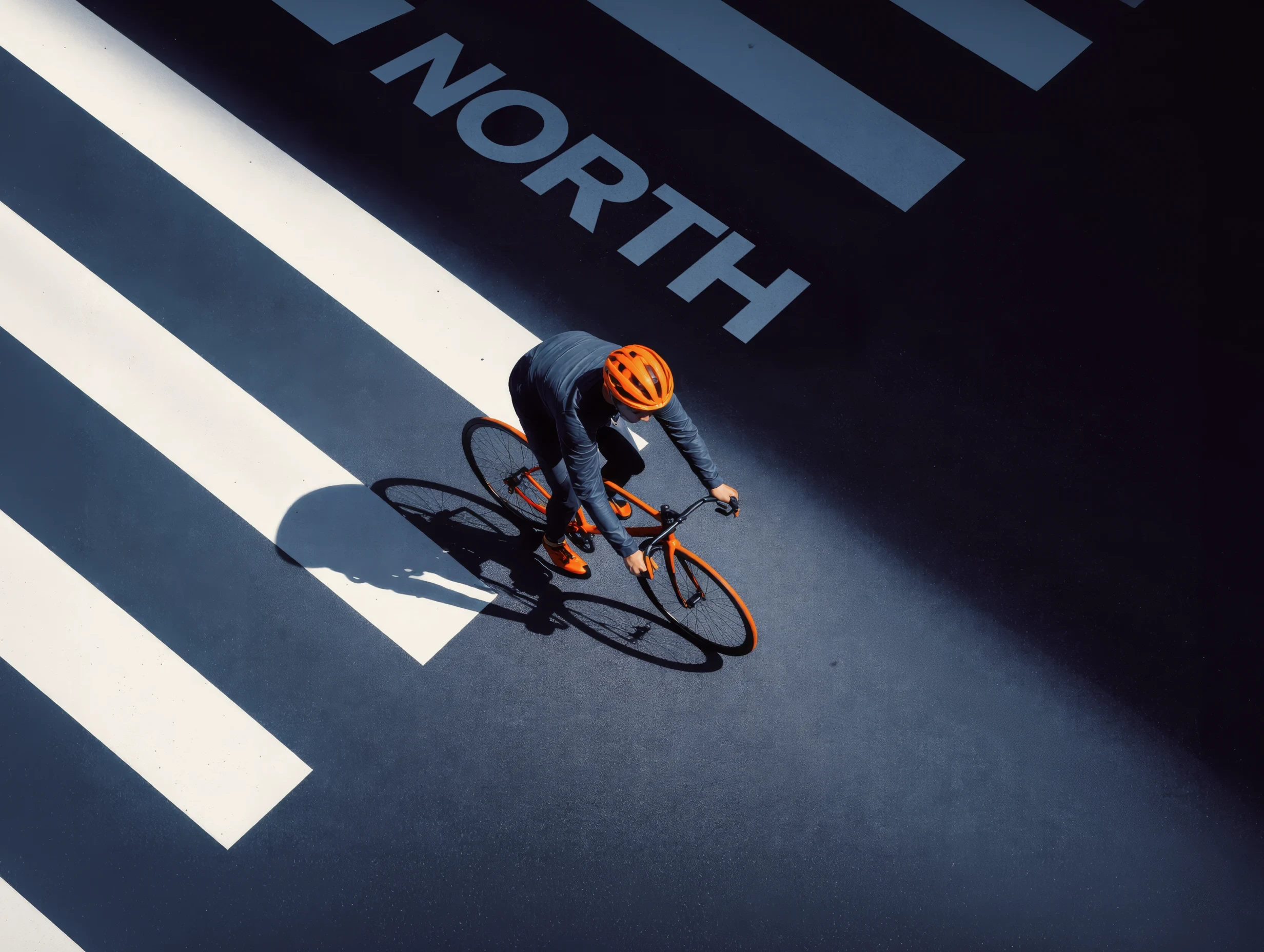 Cyclist riding an orange North bike across a marked urban crossing, viewed from above.