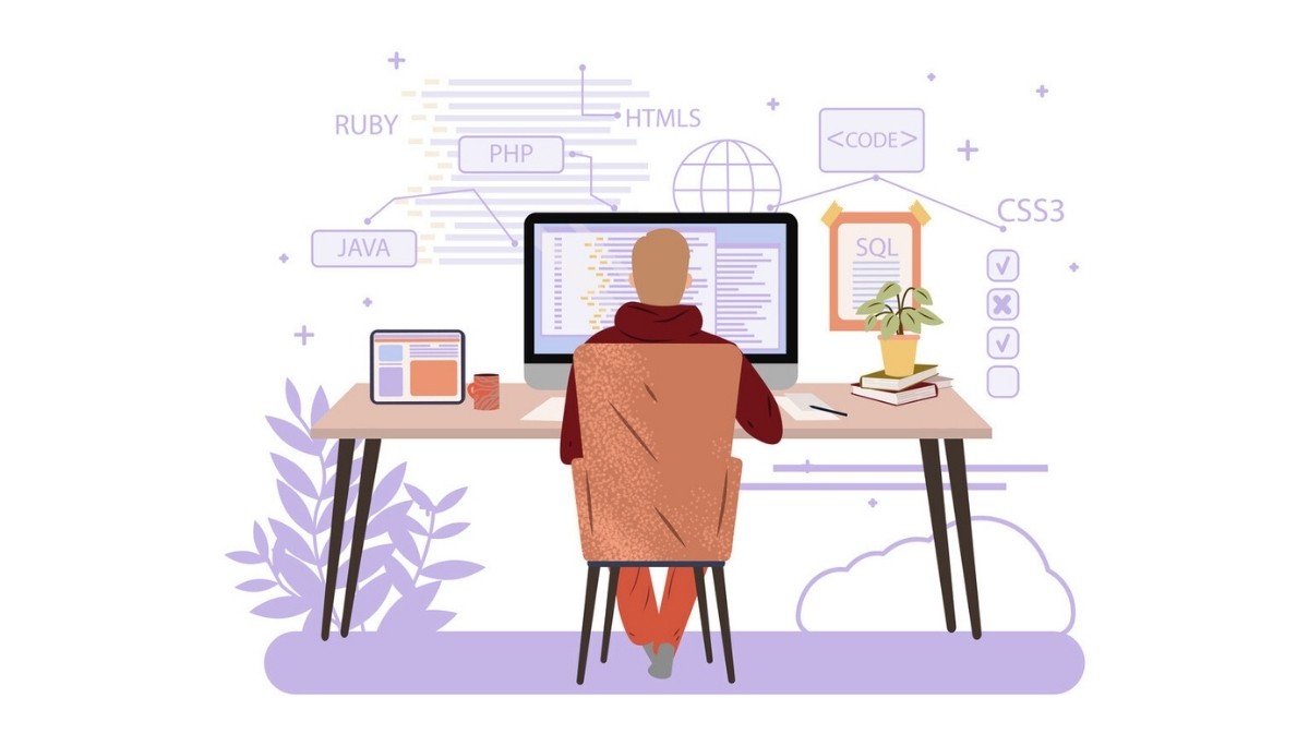 Illustration of a developer working at a desk surrounded by programming language labels like Java, Python, HTML5, and SQL.