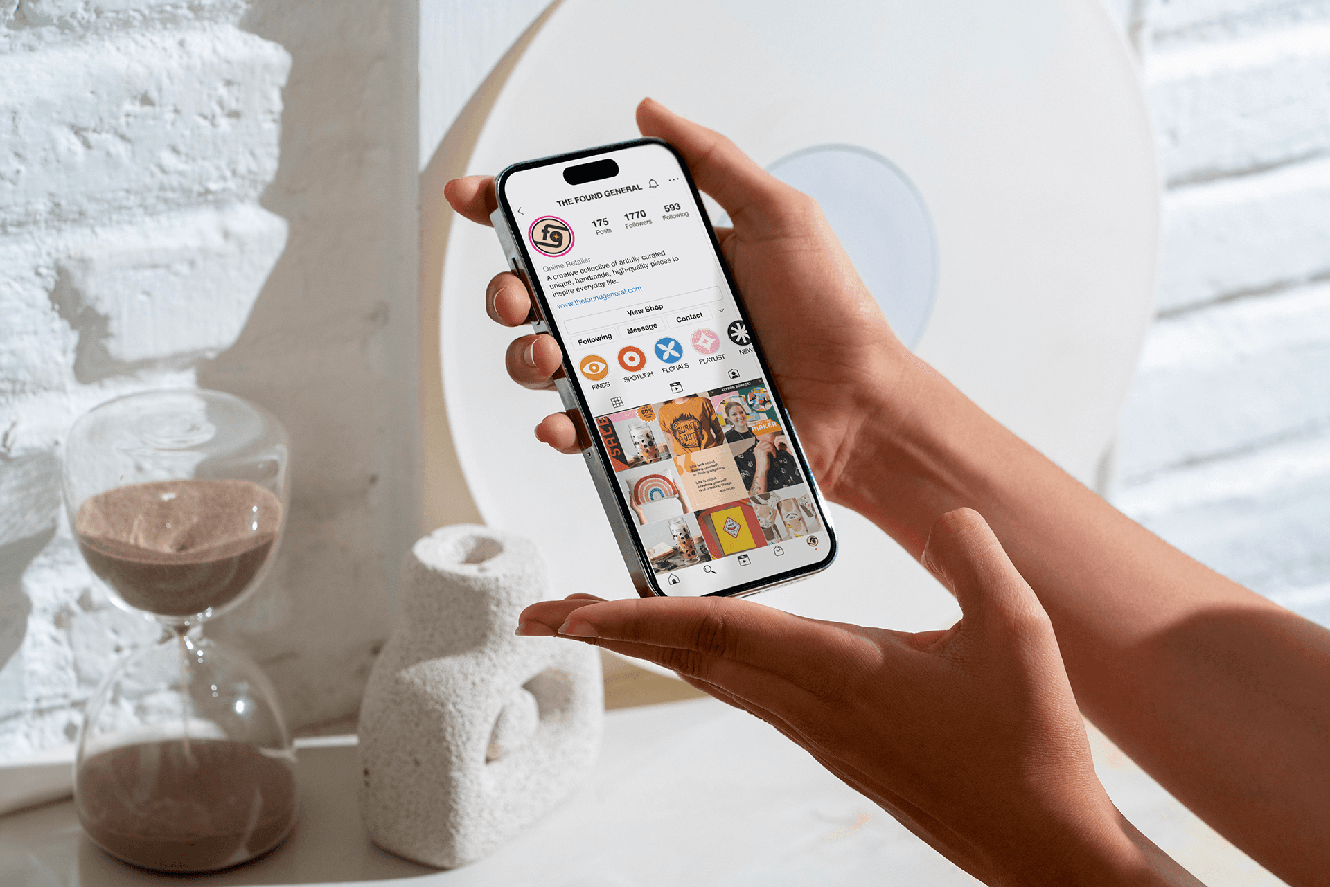Social Media Mockup for the Found General branding featuring hands holding a phone with instagram displayed