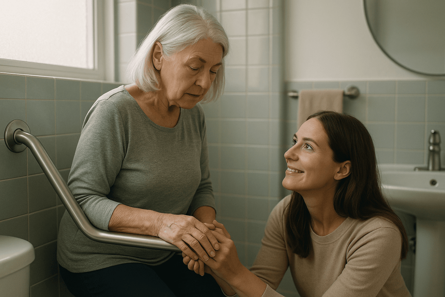 An older woman holds a bathroom grab bar while her adult daughter kneels beside her in soft morning light, both smiling calmly.