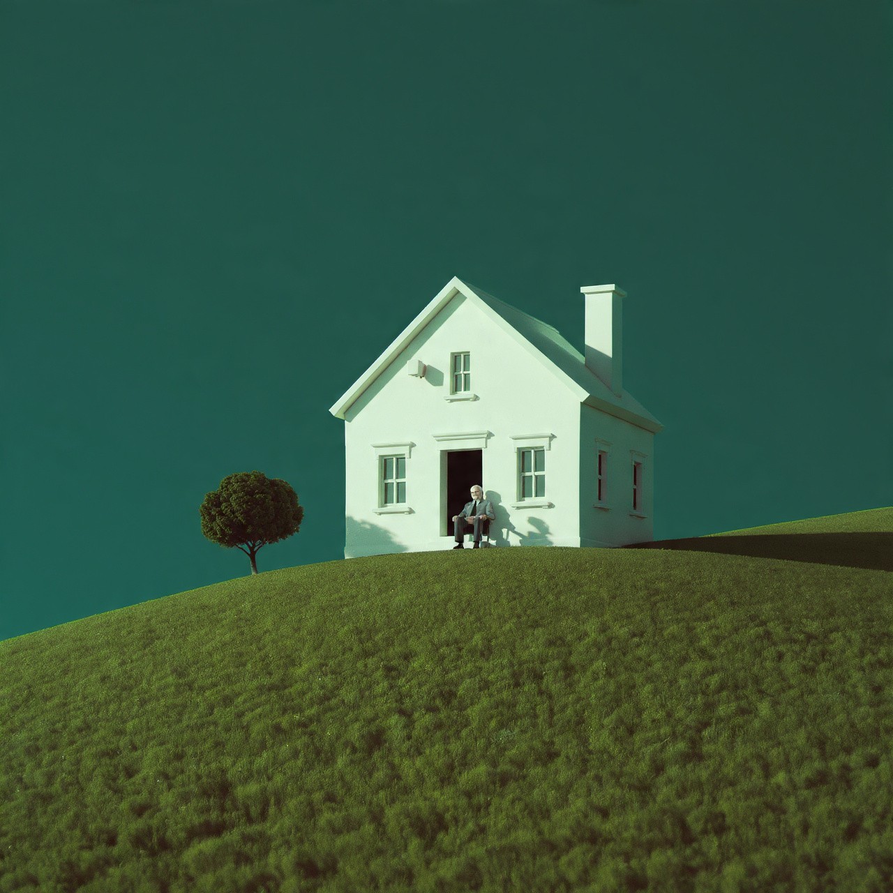 Small white house atop a grassy hill under a clear teal sky. A lone tree stands to the left. A person sits on the porch, evoking solitude and calm.