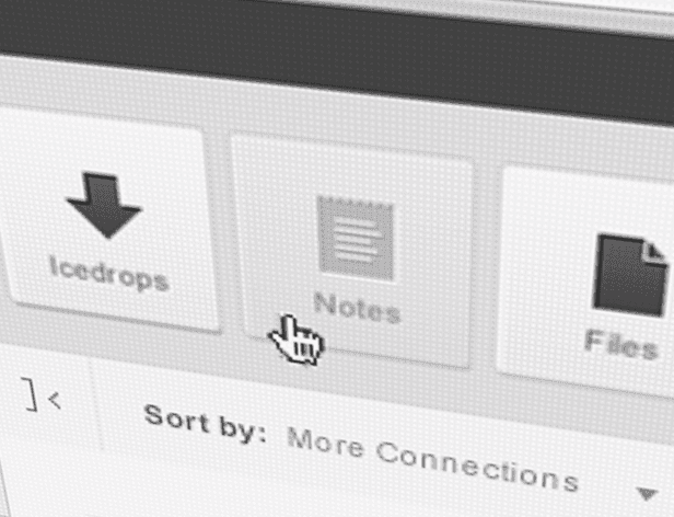 A computer screen displays three application icons: “Icedrops” with a downward arrow, “Notes” with a document icon, and “Files” with a file icon. A cursor is hovering over the “Notes” icon. Below, a text box reads “Sort by: More Connections.”
