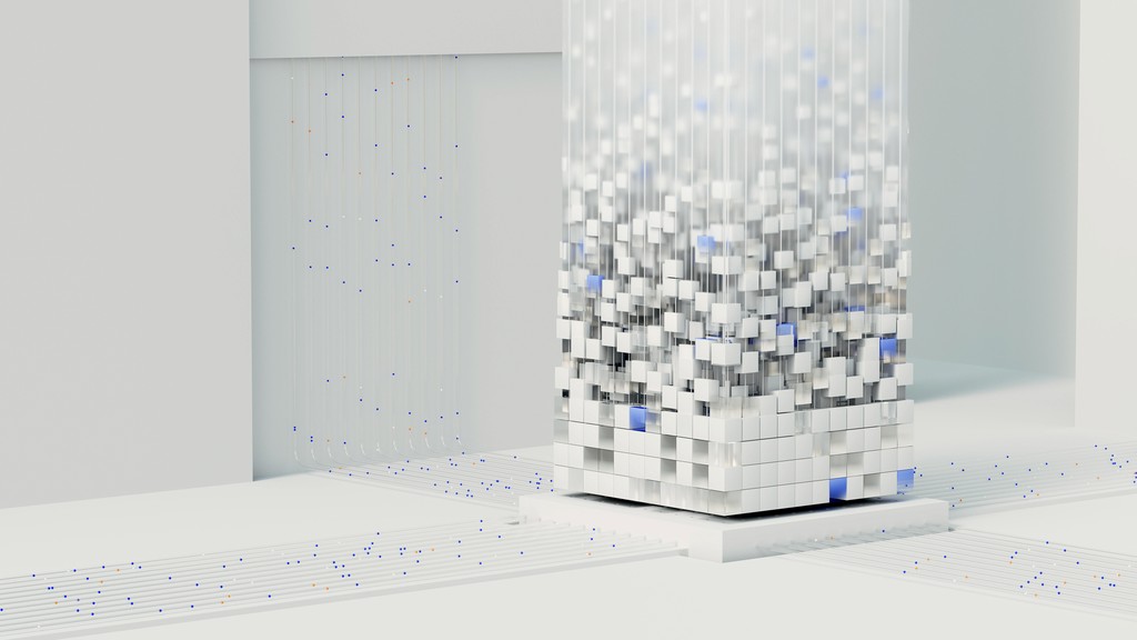 a conceptual visualization of data aggregation or processing, with small particles or nodes converging into a structured block, possibly representing a data center, AI computation, or big data integration.