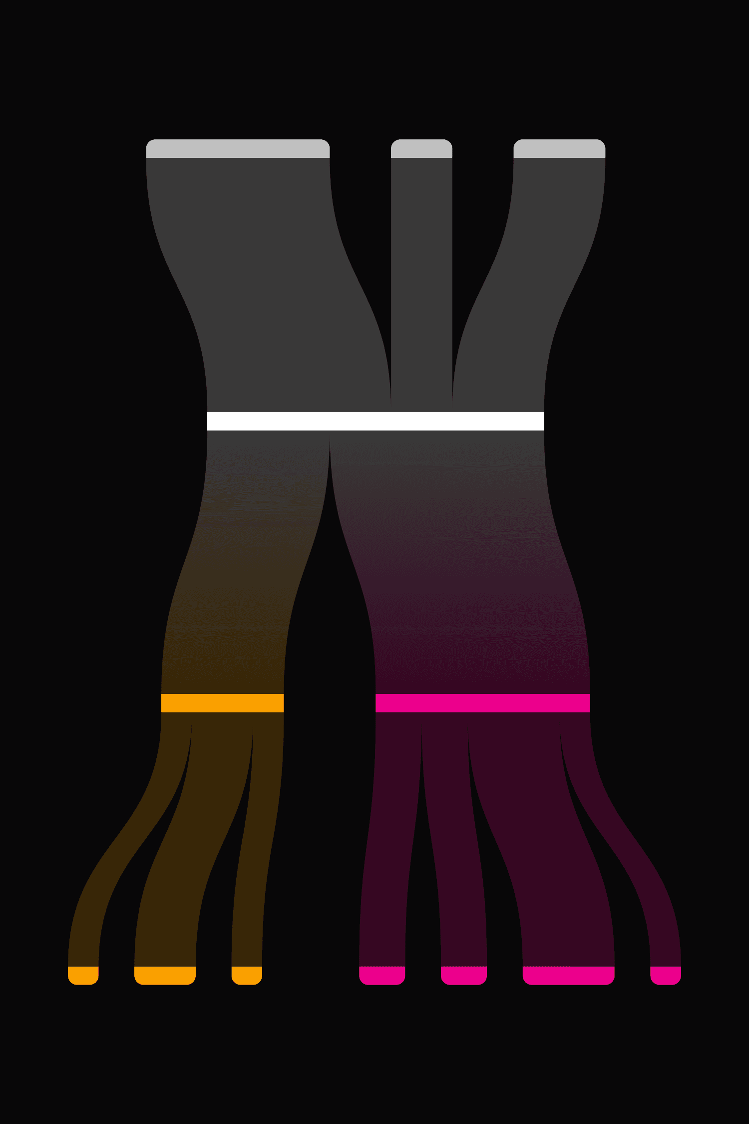 Abstrakte Grafik mit zwei vertikal verlaufenden, sich verjüngenden Formen, die unten in mehrere schmale Streifen mit orangen und pinken Enden aufgeteilt sind