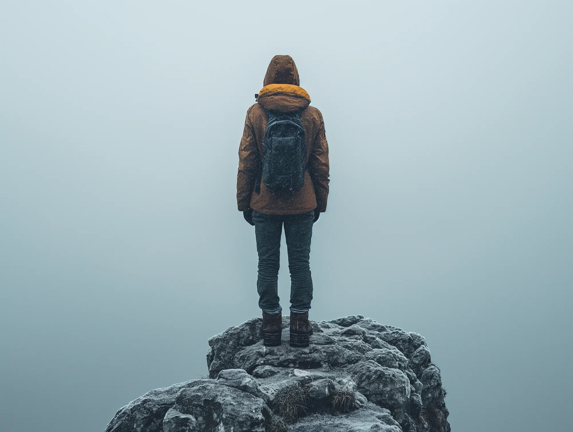 A person in an orange jacket standing on a rock in fog